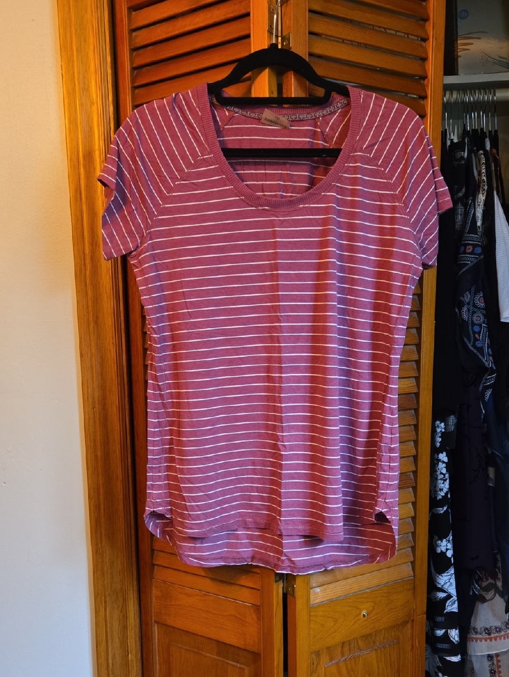 Striped Short-Sleeve Scoop Neck Top - Pink